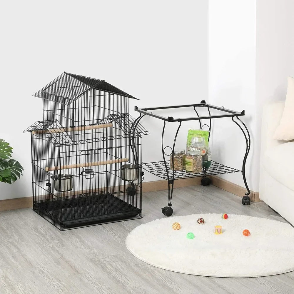 55-Inch Rolling Standing Parrot Cage with Triple Roof – Medium Bird Cage with Detachable Stand for Cockatiels, Conures, Parakeets & Small Parrots