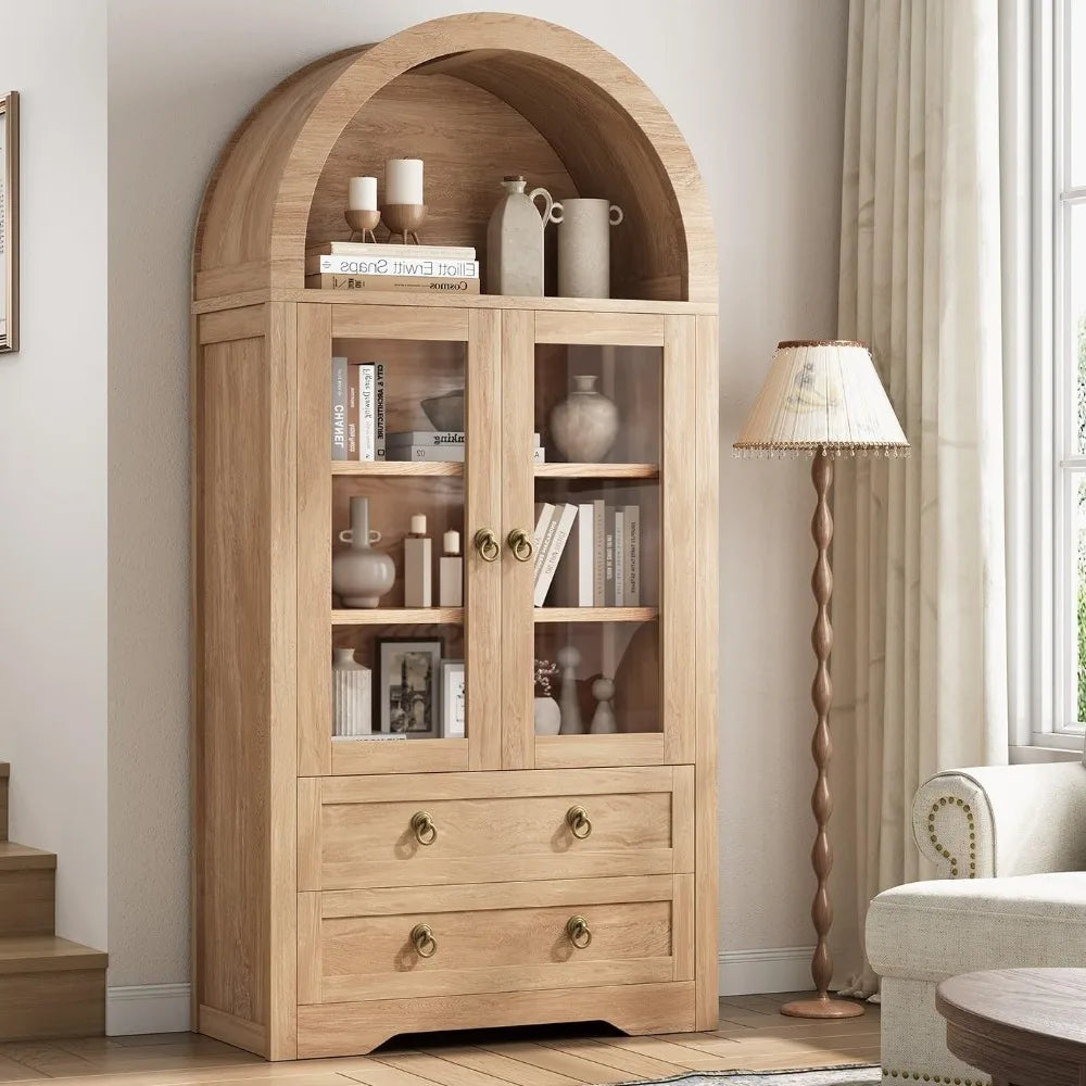 Upgraded Kitchen Pantry Cabinet with Arched Bookshelf – Storage Cabinet with Doors for Kitchen, Dining Room, or Living Room