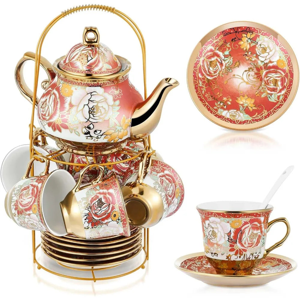 Elegant Ceramic Tea Party Set for Adults – European Floral Teapot, Teacup, Saucer & Spoon Set – Large Fresh Style