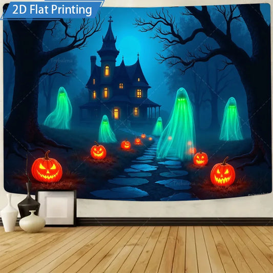 Halloween Wall Tapestry – Spooky Haunted House with Ghosts & Pumpkins, Seasonal Wall Hanging Décor for Home, Bedroom, or Party