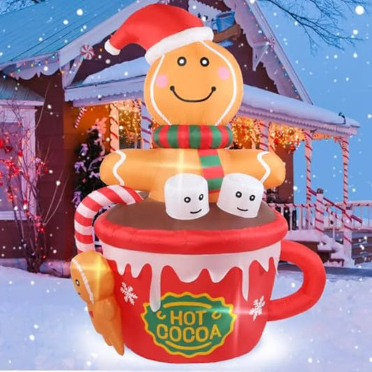 6FT Gingerbread Man in Hot Cocoa Cup Inflatable with LED Lights β Outdoor Christmas Yard Decoration