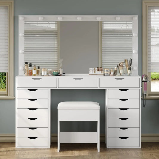 Vanity Desk with Mirror and Lights – Makeup Table with Charging Station, 3-Color LED Lighting, and 15 Storage Drawers for Bedroom or Dressing Room