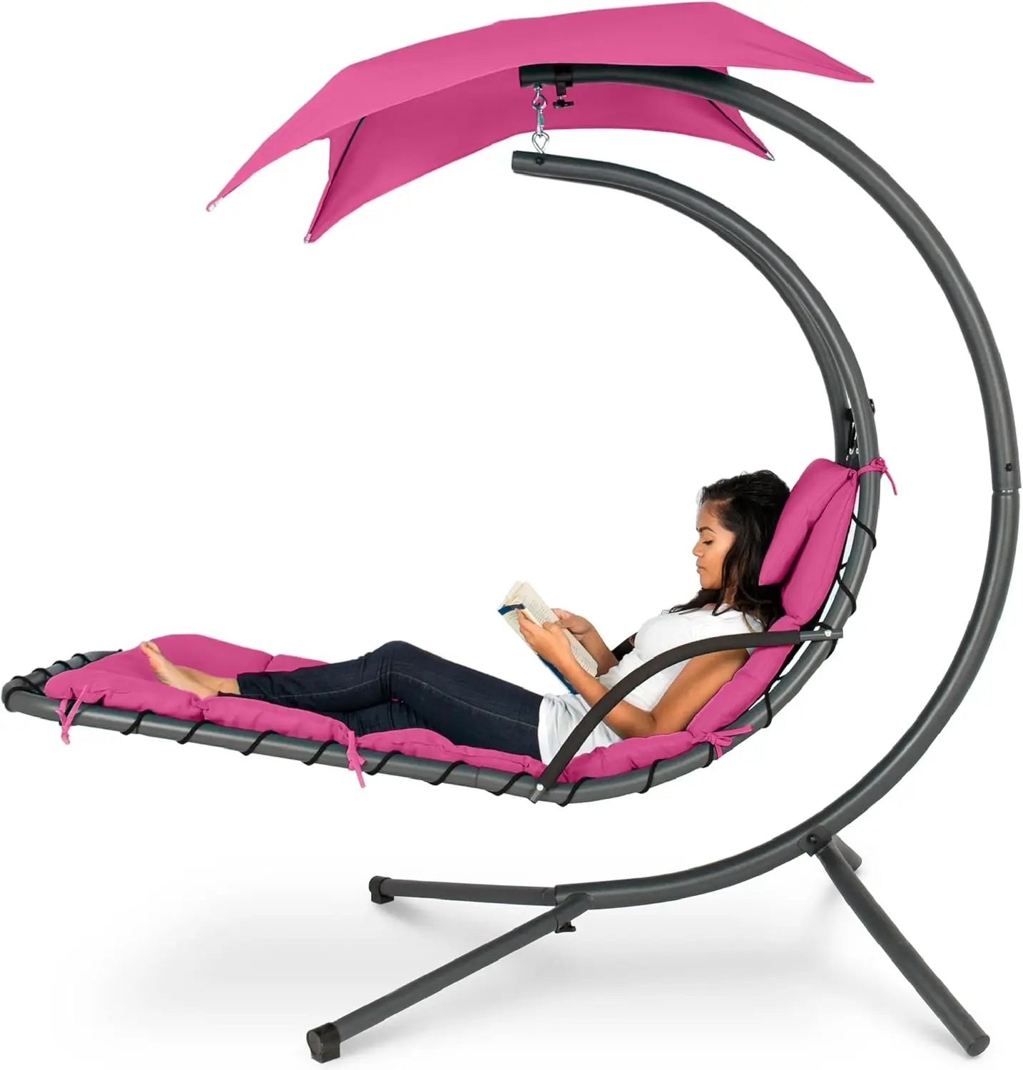 Outdoor Hanging Curved Steel Chaise Lounge Chair Swing w/Built-in Pillow and Removable Canopy