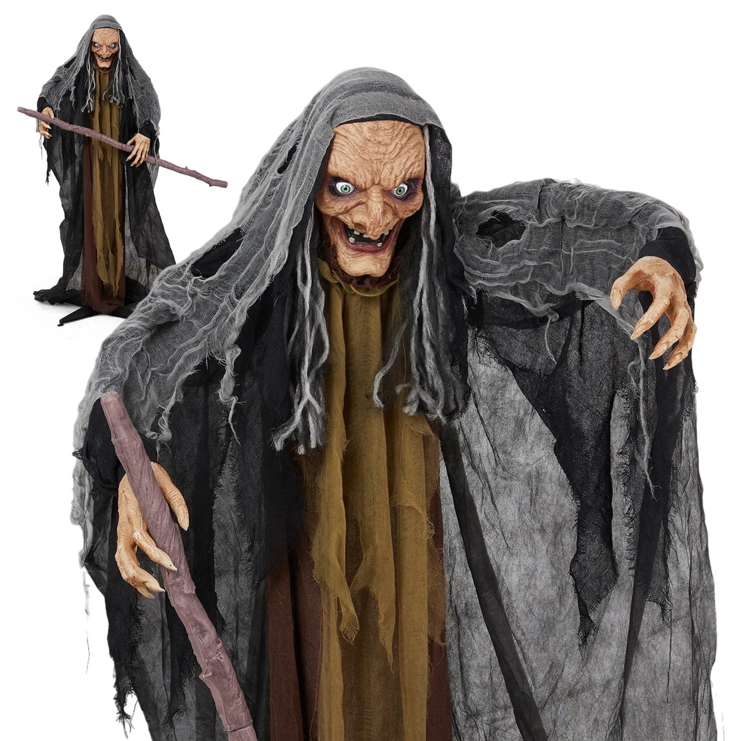 5.3FT Talking Halloween Witch with Cane – Outdoor Spooky Decoration with Glowing Eyes & Sound Effects