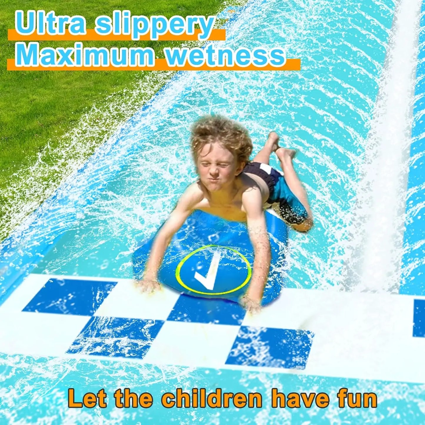 33.3FT Extra Long Double Lane Water Slide for Kids – Race Car Lawn Slip & Splash Slide with 2 Bodyboards and Safety Fence for Outdoor Summer Fun