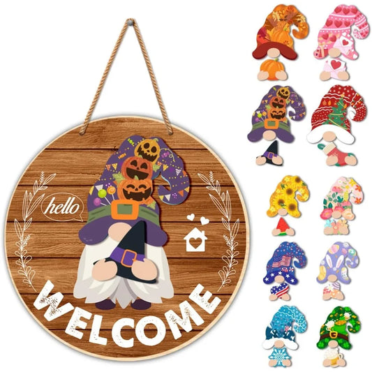 Interchangeable Gnome Welcome Sign β Seasonal Wooden Door Decoration with Changeable Holiday Gnomes for Front Porch, Wall & Home DΓ©cor