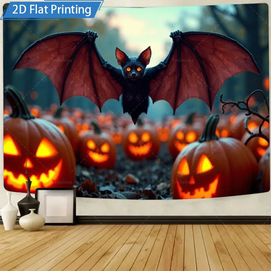 Halloween Wall Tapestry – Bat & Pumpkins Spooky Forest Scene, Seasonal Wall Hanging Décor for Home, Bedroom, or Party