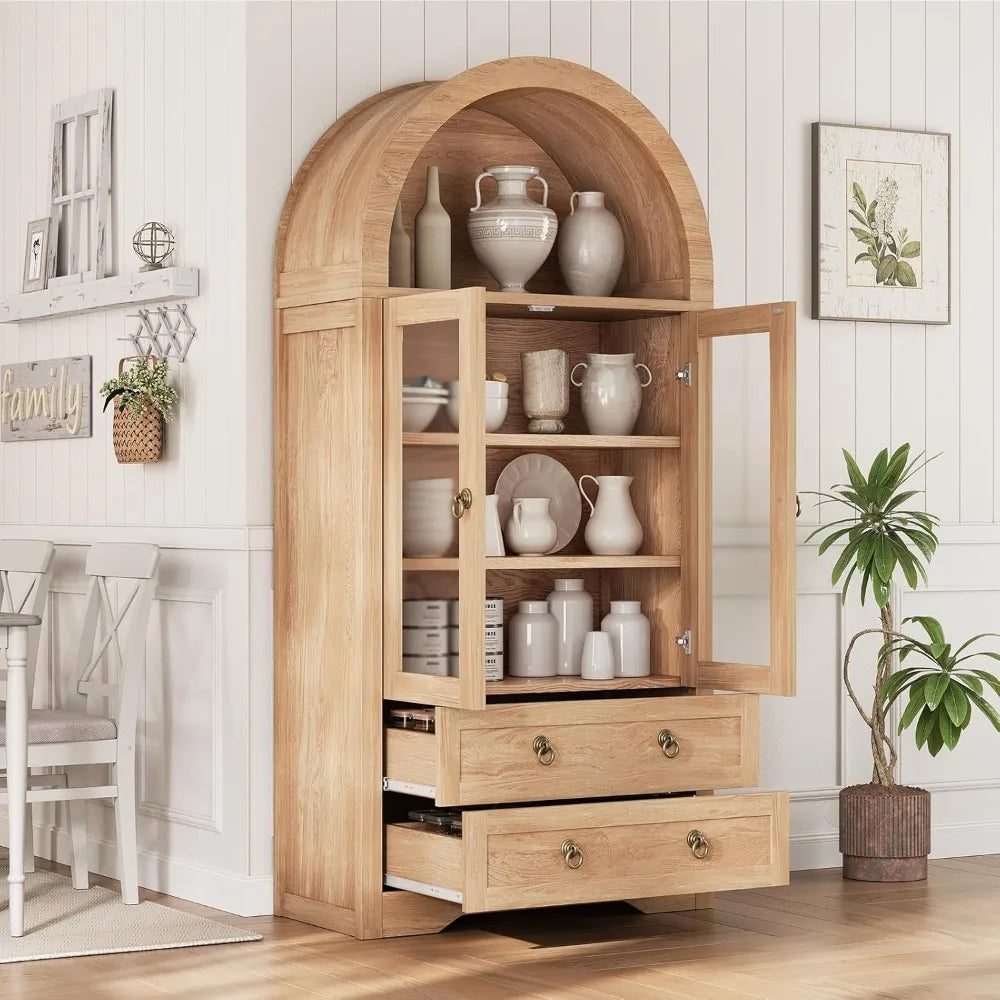 Upgraded Kitchen Pantry Cabinet with Arched Bookshelf – Storage Cabinet with Doors for Kitchen, Dining Room, or Living Room