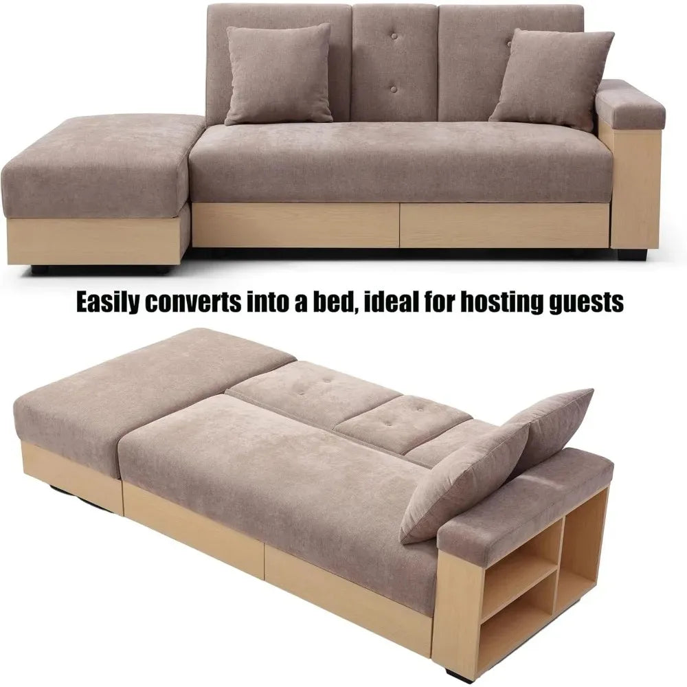 Convertible Sofa Bed with Storage Ottoman, Adjustable Armrest & Coffee Table