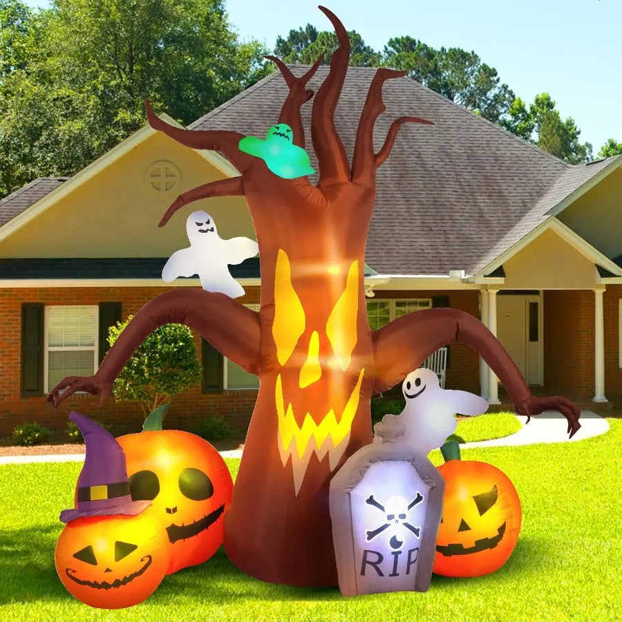 8FT Halloween Inflatable Dead Tree Decoration with Built-In LED Lights – Spooky Blow-Up for Outdoor Garden, Lawn, or Yard Display
