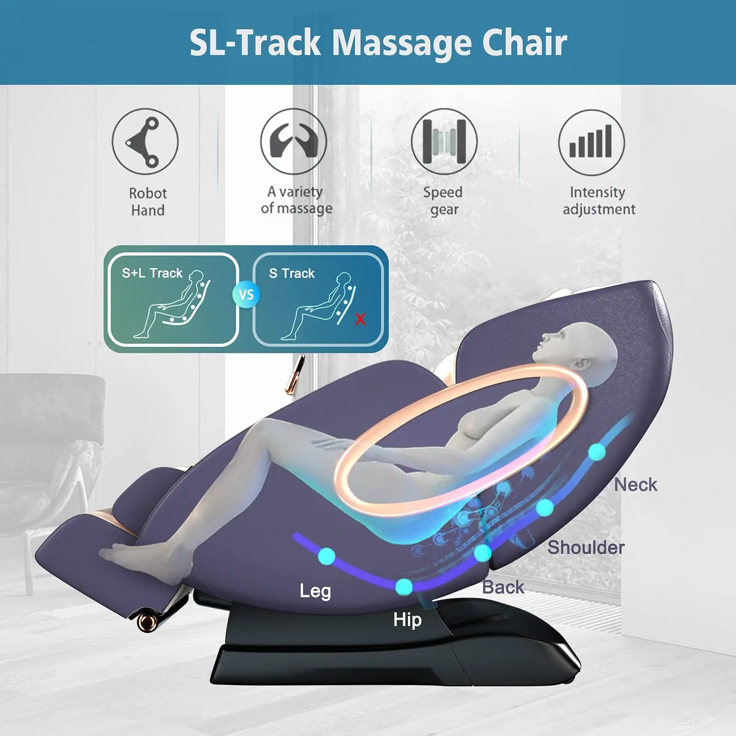 APP-Controlled 4D Zero Gravity Massage Chair – SL-Track Full Body Shiatsu Recliner with Bluetooth, Heating, Thai Stretch, Foot Rollers & Anion Purifier (Blue + Khaki)