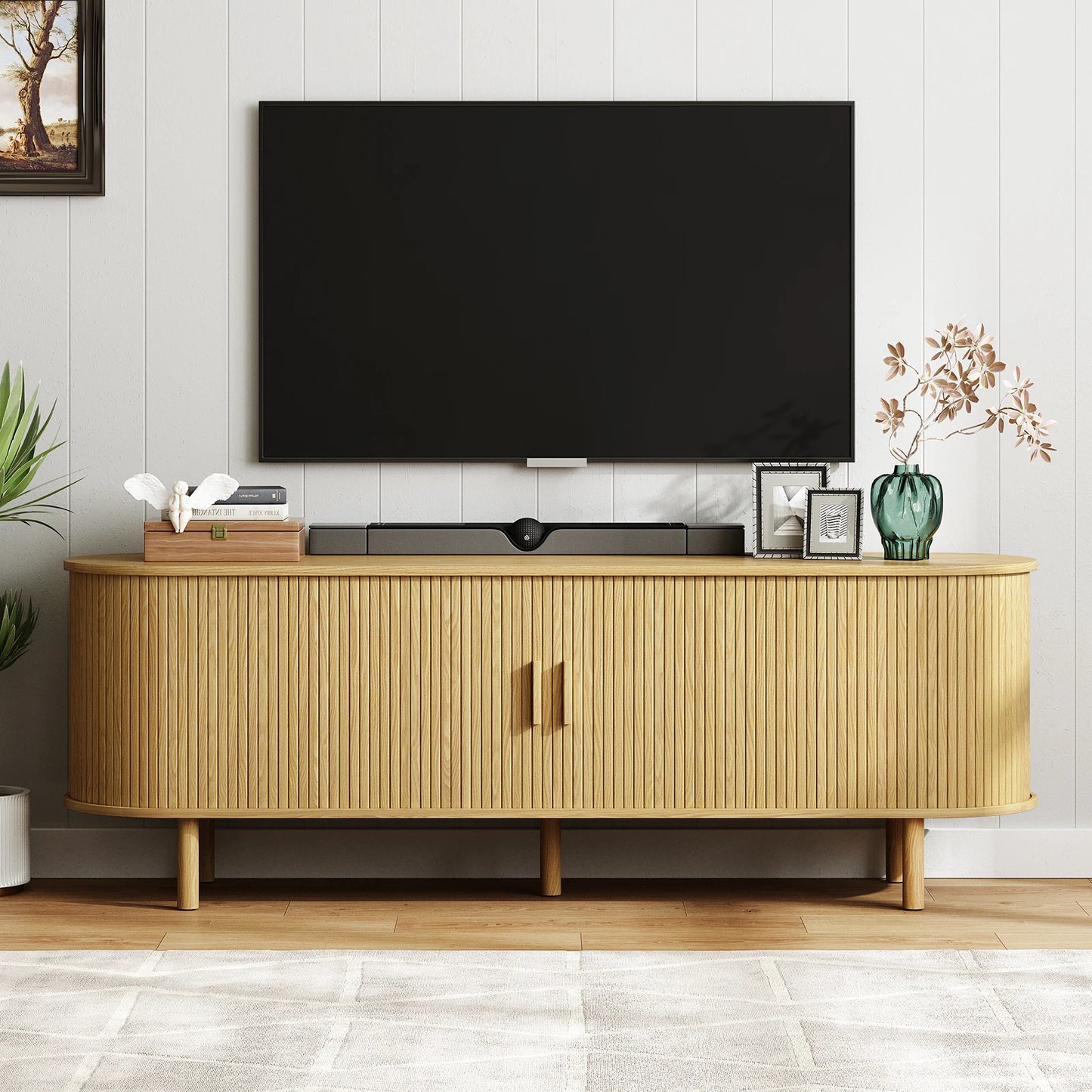 Modern TV Stand with Power Outlet – Entertainment Center with Sliding Doors, Adjustable Shelves & Storage for TVs up to 60/70"