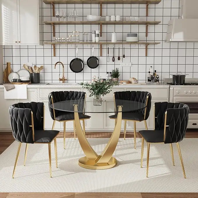 38.9" Round Dining Room Table Set for 4 – Modern Kitchen Dining Table with 4 Velvet Upholstered Chairs