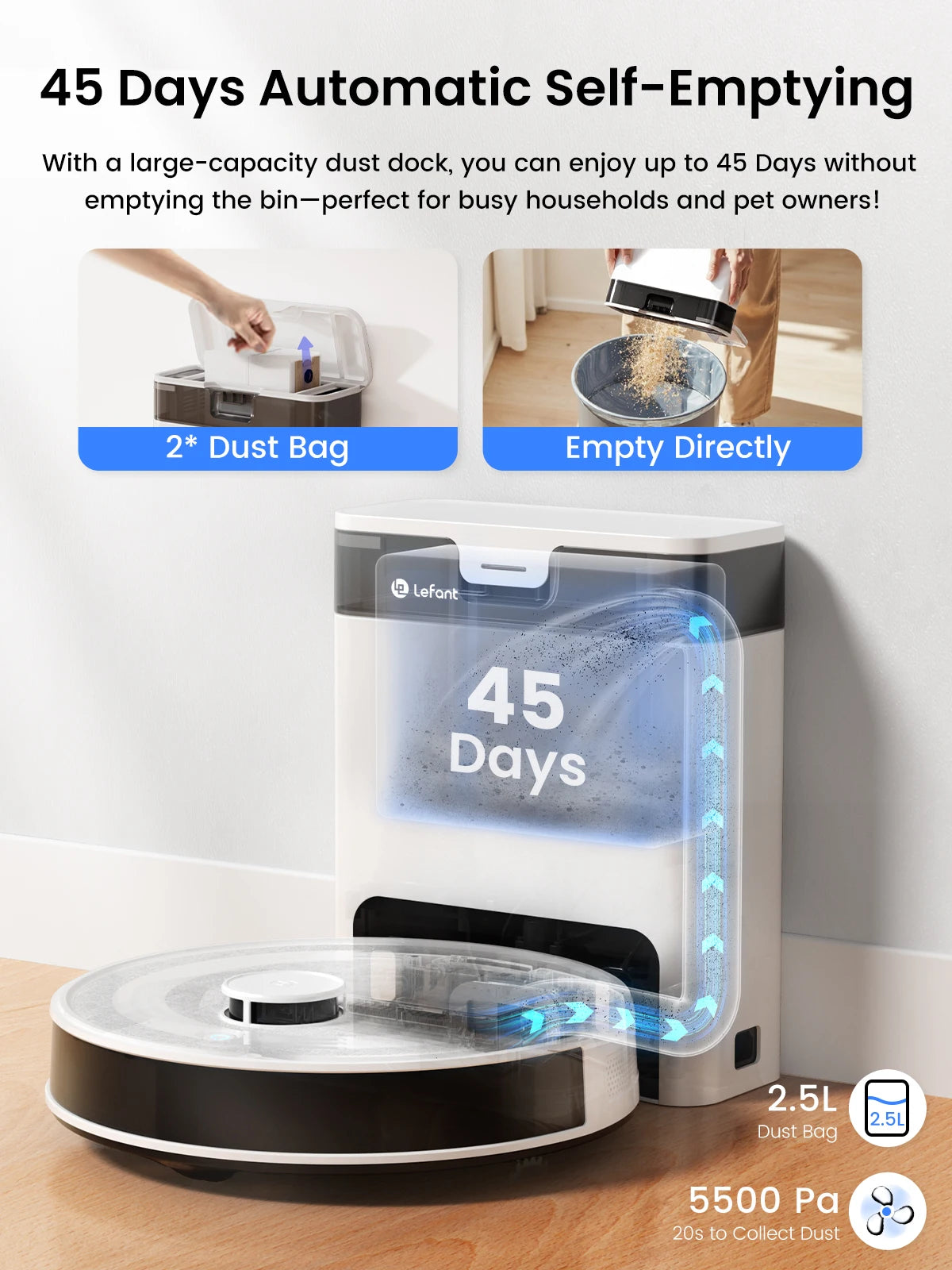 Lefant M2Pro Robot Vacuum and Mop with Self-Emptying Base – 6000Pa Suction, Laser Navigation, Obstacle Avoidance, Wi-Fi/Alexa Compatible