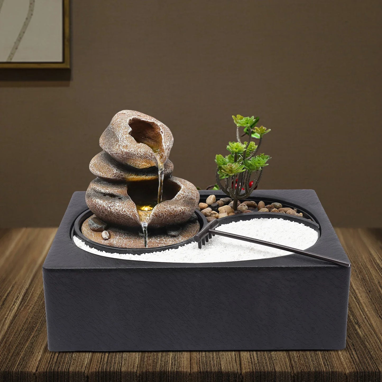 Decorative Tabletop Water Fountain with LED Light – Resin Tree Design with Quiet Pump for Home or Office Décor