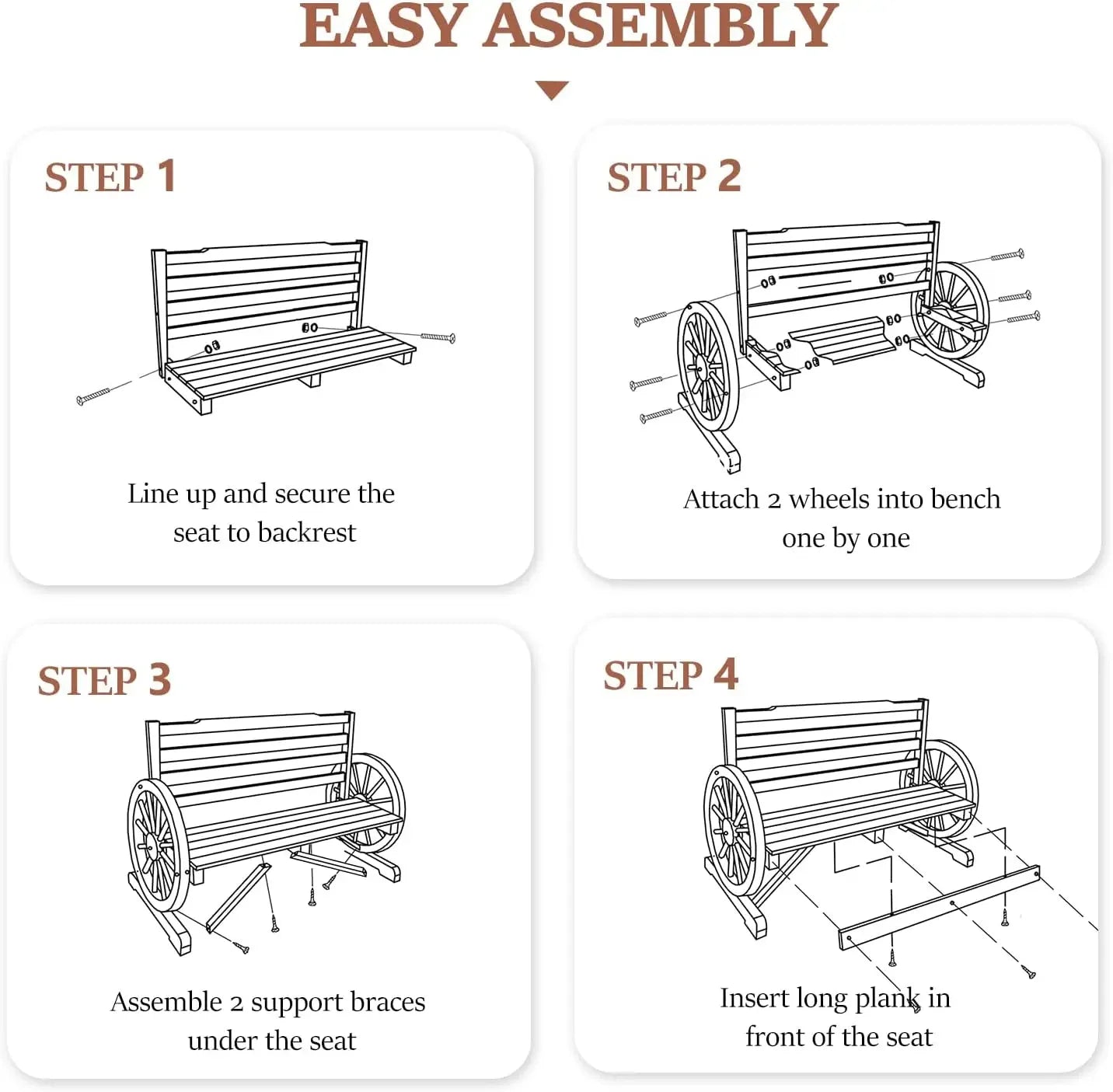Outdoor Rustic Wooden Bench with Wagon Wheel Arms – 3-Person Garden Bench for Patio, Porch, Lawn & Yard Furniture