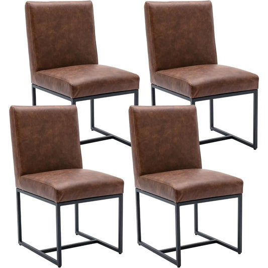 Faux Leather Upholstered Dining Chairs – Mid Century Modern Padded Kitchen Chairs with Black Metal Frame & Adjustable Foot Pads