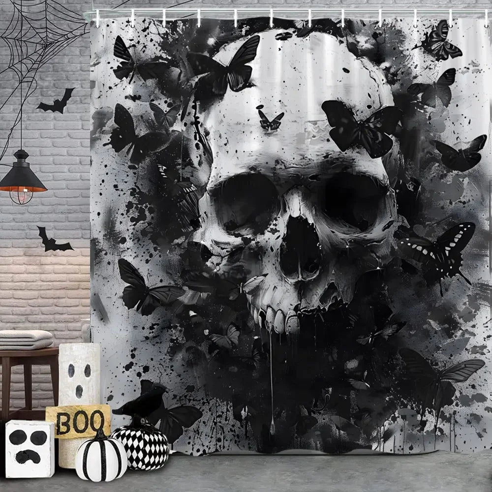 🦇 Spooky Halloween Skeleton & Crow Shower Curtain – Gothic Black Cat & Bat Design with Hooks