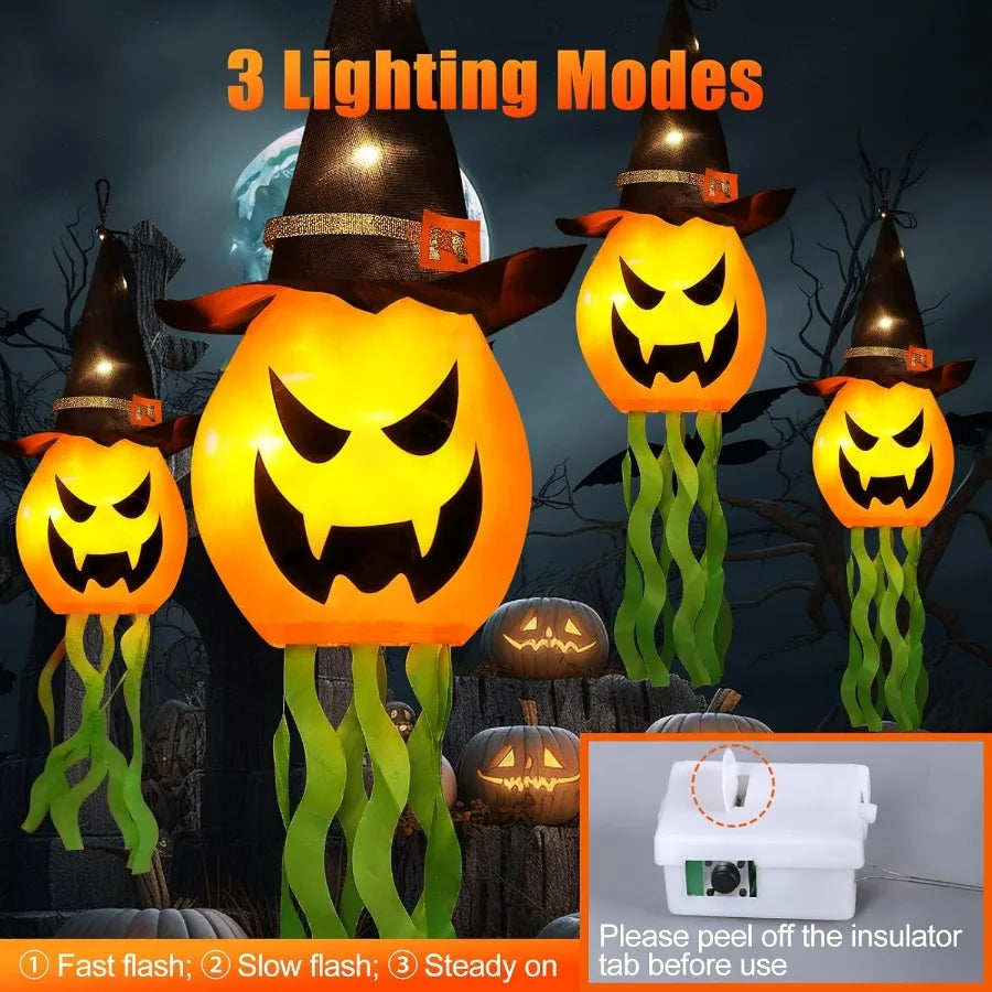 Hanging Lighted Glowing Pumpkin Witch Hat – Outdoor Halloween Decoration with 3 Lighting Modes