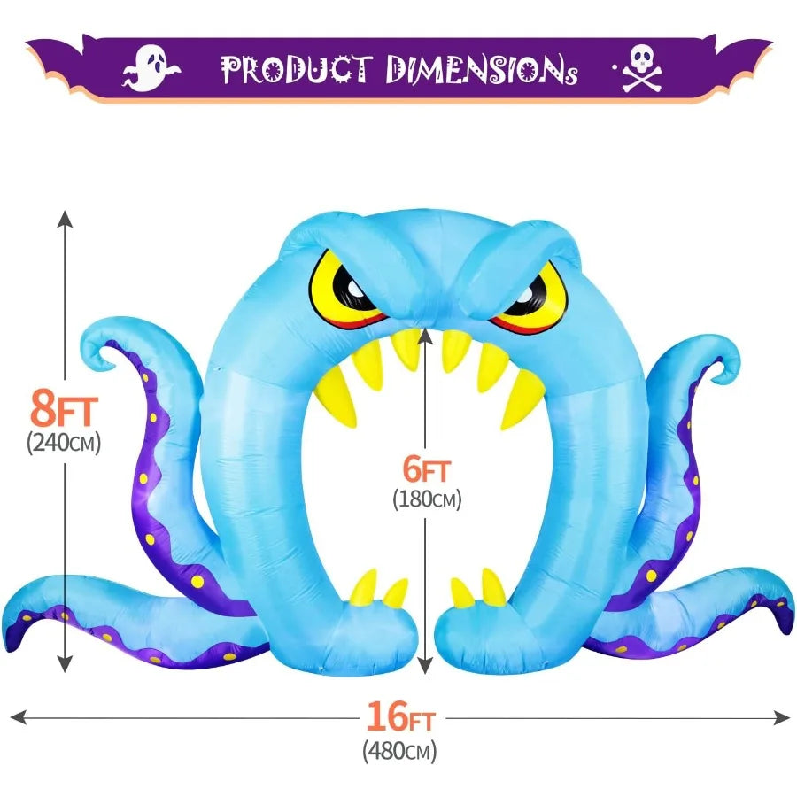 16FT Long x 8FT Tall Halloween Inflatable Blue Monster Octopus Archway – LED Lighted Blow-Up Decoration for Outdoor Holiday Parties, Yard & Garden