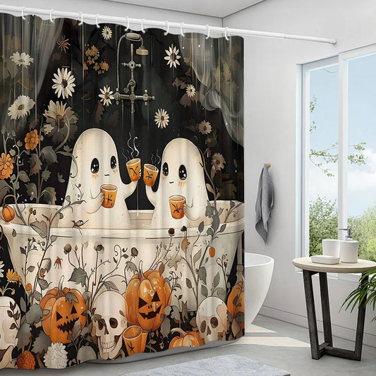Cute Cartoon Ghost Shower Curtain Set Halloween Bathroom Curtain Polyester Fabric Bathtub Curtain with Hooks for Bathroom Decor