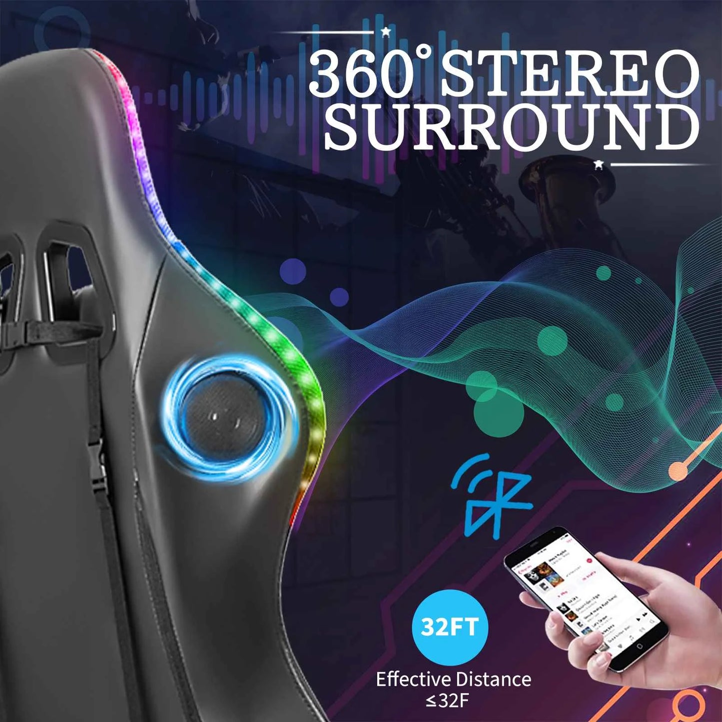135 Degrees Gaming Chair Recliner With Bluetooth Speaker and Ergonomic Swivel 2 Point Massage