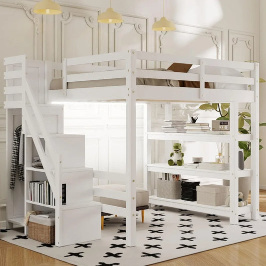 Full Size Loft Bed with Stairs, Storage Shelves & Bookshelf – Wooden Loft Bed Frame with Built-In Lights, Space-Saving Design for Kids, Teens, and Adults