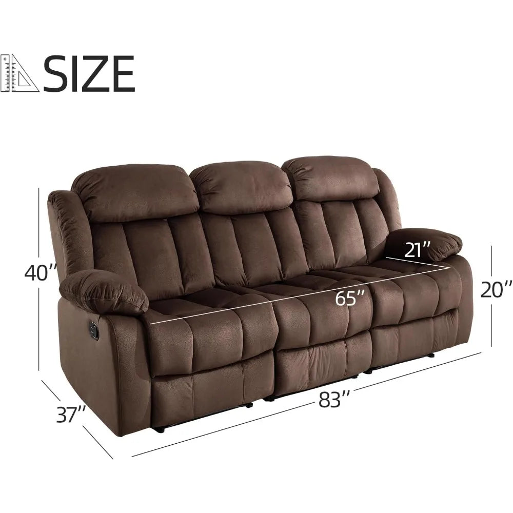 Manual Recliner Sofa – Classic 3-Seat Reclining Couch with Overstuffed Arms & Backrest for Living Room or Bedroom, Brown
