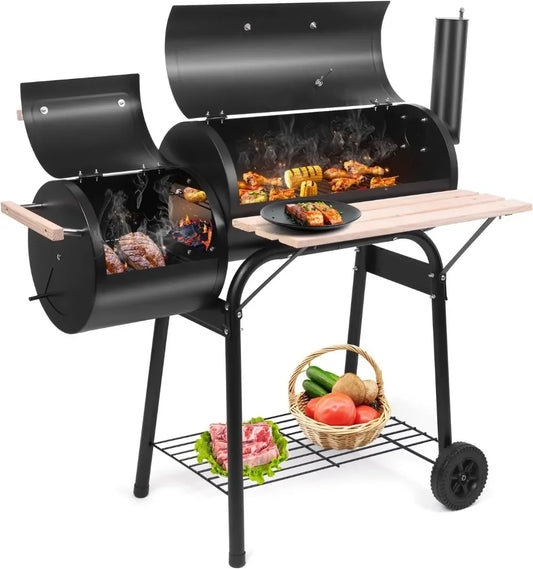 Charcoal Grill with Offset Smoker – Outdoor Patio BBQ Cooker with Wheels & Side Fire Box for Camping, Picnics, and Backyard Parties
