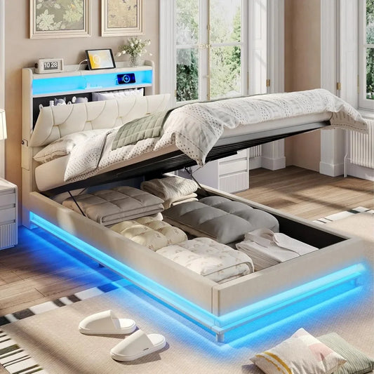 Modern Twin Size Lift-Up Storage Bed Frame – Upholstered Platform with Hidden Headboard Storage, LED Lights, Charging Station (USB, Type-C, Outlets), and Hydraulic Lift Mechanism