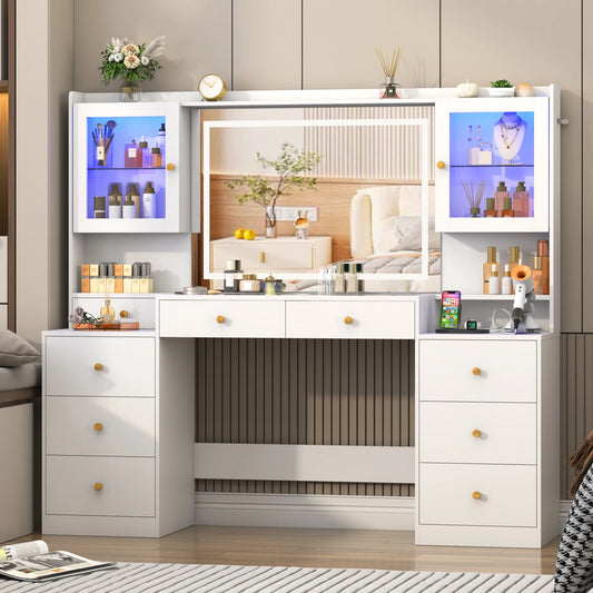 61.7" Large Vanity Desk with Mirror and Lights – Makeup Vanity with Charging Station, Sliding Drawers & Glass Door Cabinets