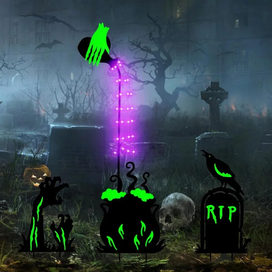 Halloween Outdoor Yard Decorations Set – 3 Solar LED Witch’s Cauldron, Potion Bottles, Ghost Hand & Tombstone Metal Stake Lights for Patio and Garden
