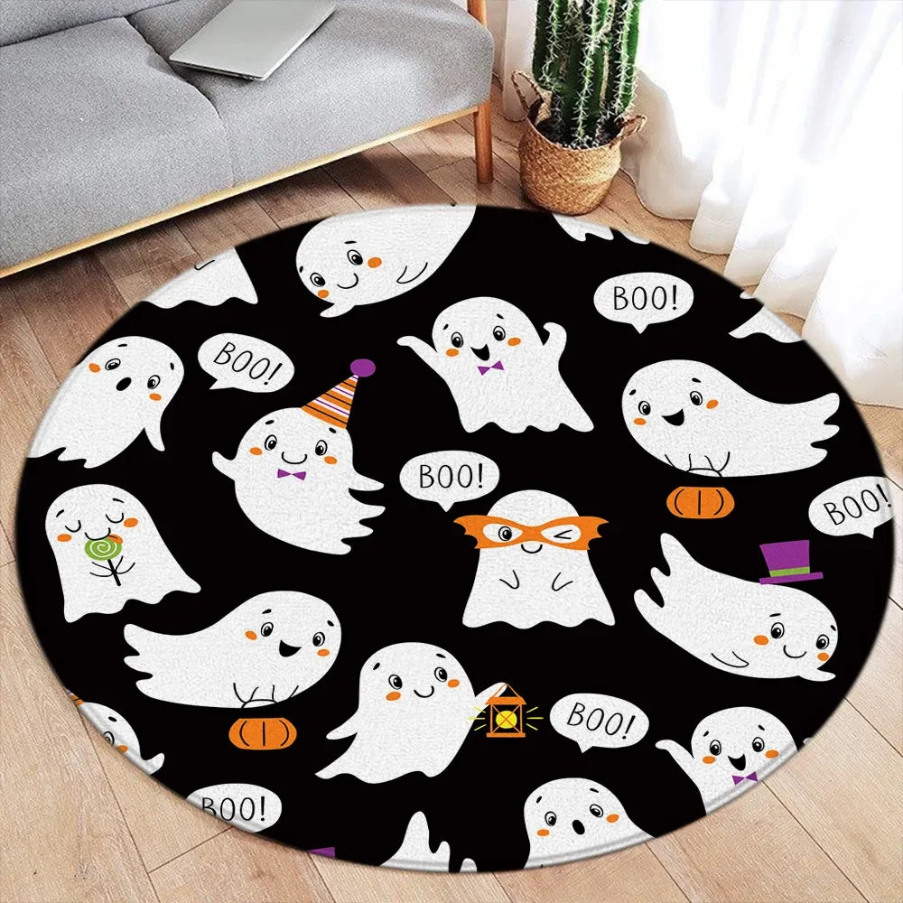 Cartoon Halloween Round Carpet – Cute Ghost, Pumpkin, Black Cat & Bat Rug for Living Room & Bedroom Decor