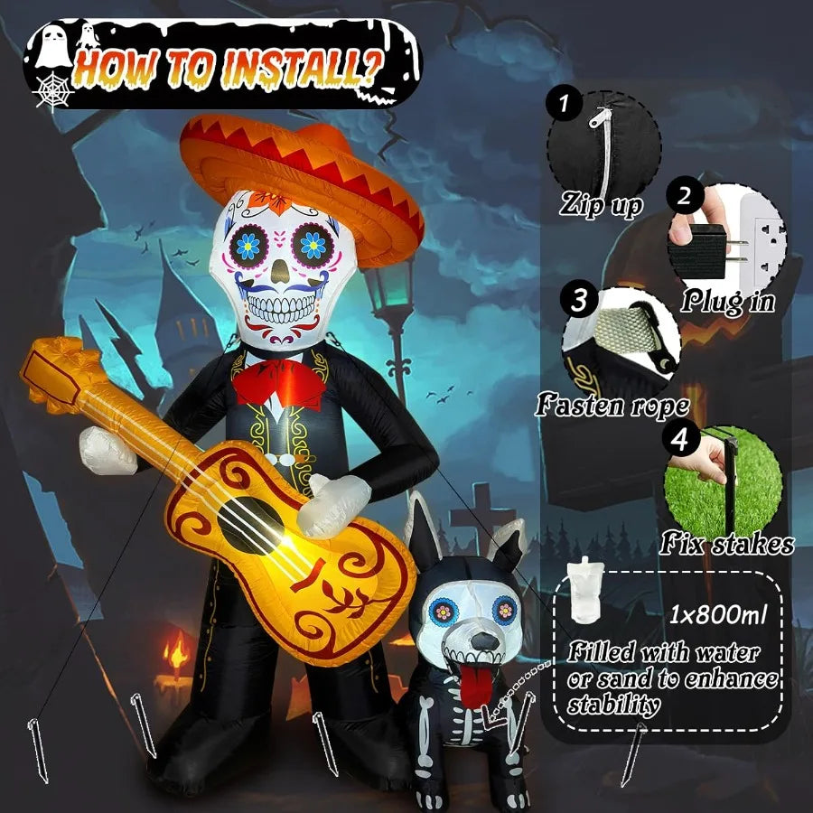 6 FT Halloween Inflatable Day of the Dead Decoration – Blow-Up Sugar Skull Guitar & Skeleton Dog for Yard or Garden
