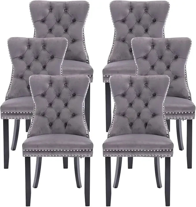 Leather Dining Chairs Set of 6 – Upholstered Wingback Dining Chairs with Nailhead Trim & Solid Wood Legs – Luxury Dining Room Side Chairs