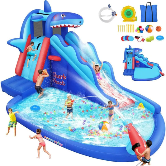 Inflatable Shark Blast Water Bounce House with Slide – Outdoor Backyard Water Slide Play Center for Kids Ages 3–12