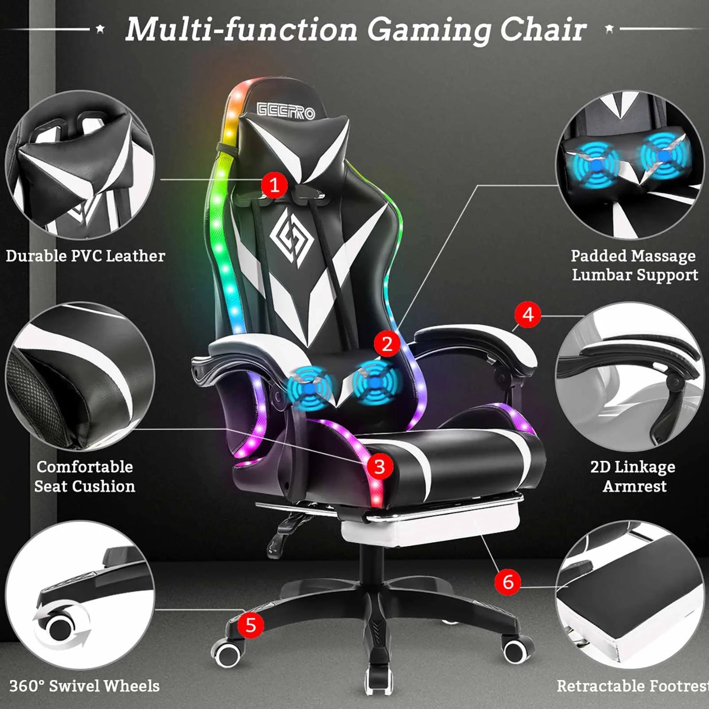 135 Degrees Gaming Chair Recliner With Bluetooth Speaker and Ergonomic Swivel 2 Point Massage