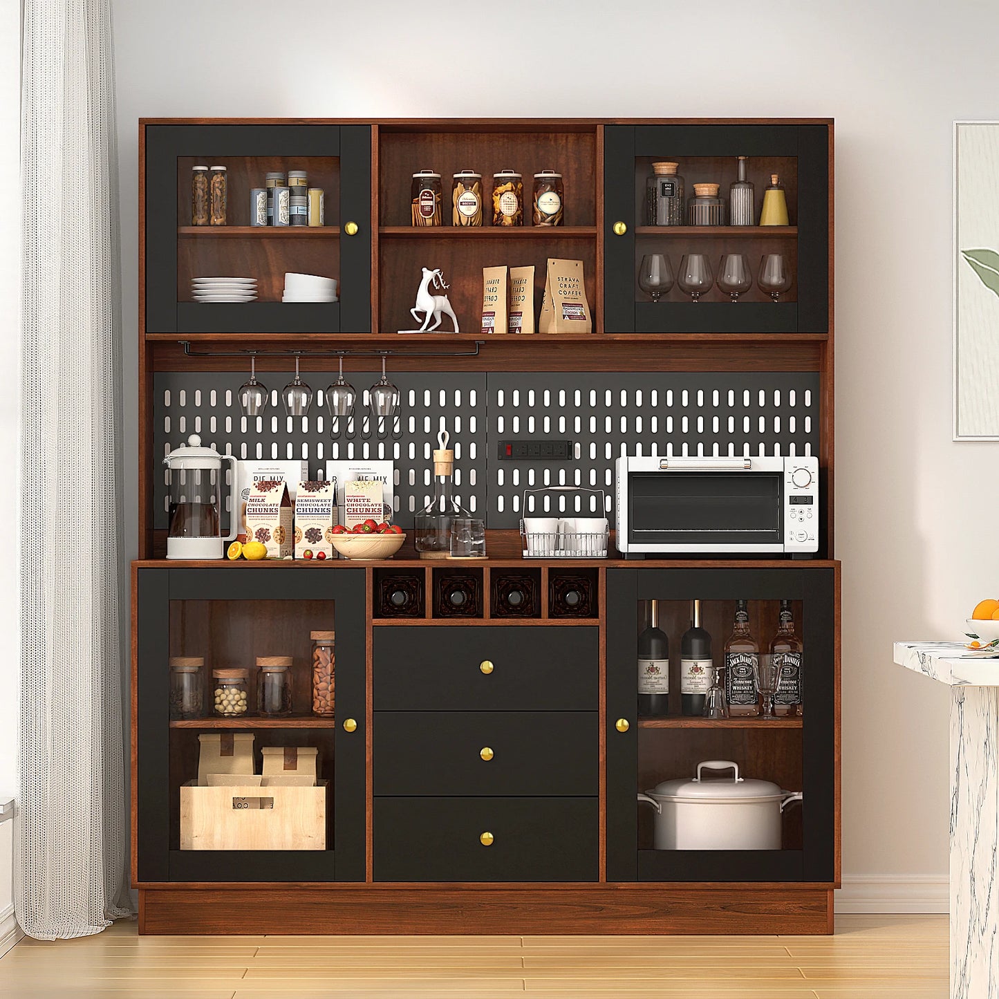 Pantry Cabinet – Freestanding Kitchen Storage Buffet Hutch with Pegboard, Cup Holder & Power Outlet, Black