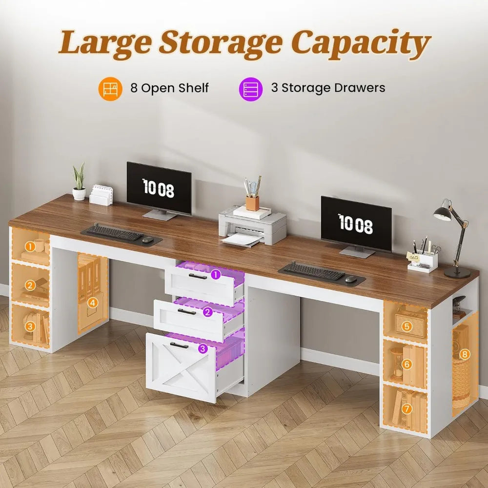 Farmhouse 96.5" Computer Desk with Drawers – Spacious Double Desk for 2 People with Storage Shelves – Long Home Office & Gaming Workstation