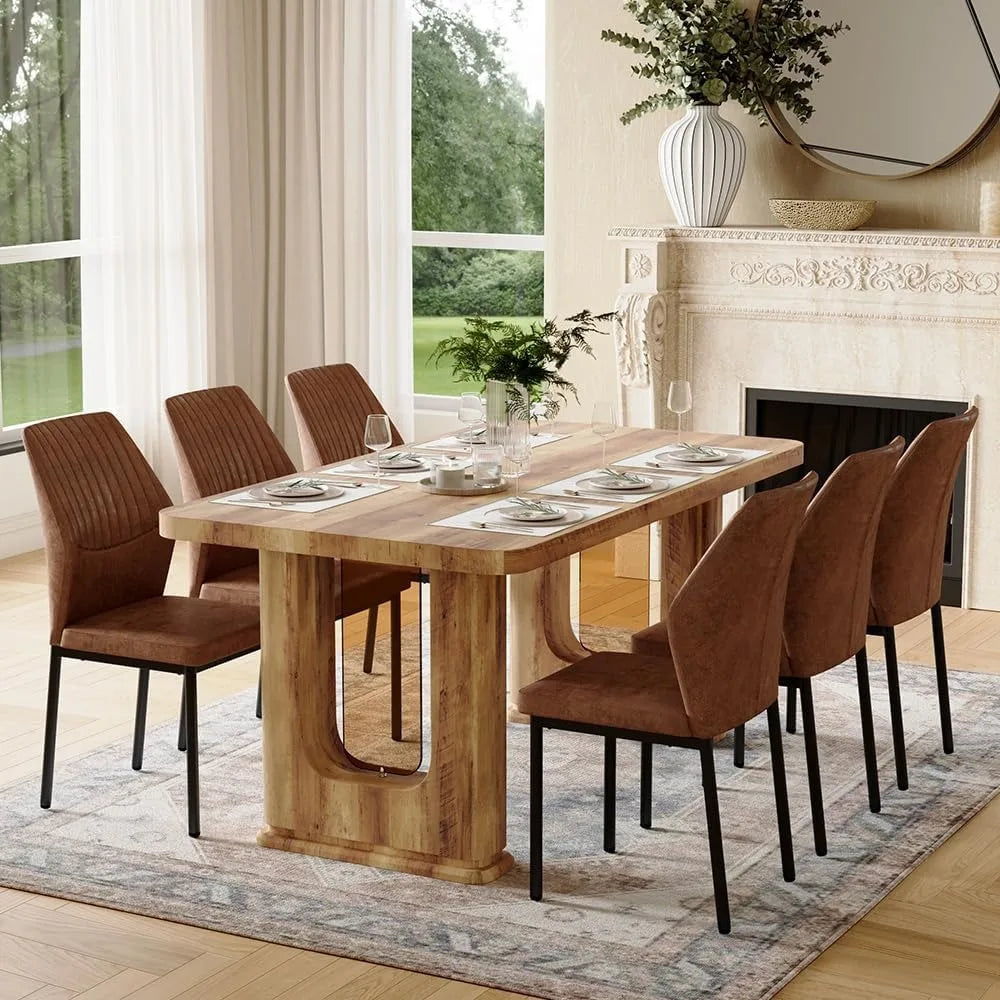 64.5" Modern Farmhouse Dining Table Set for 6 – Wood Dining Table with Decorative Pedestal Legs & 6 Cushioned Chairs