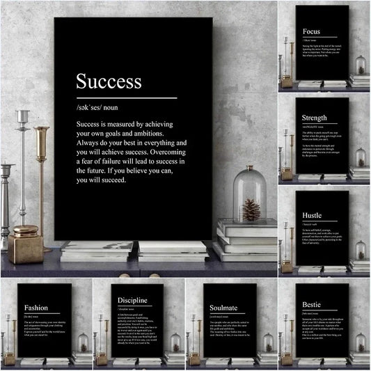 Black Minimalist Inspirational Phrases Poster – Success, Focus, Patience Definition Canvas Wall Art for Home & Office Decor