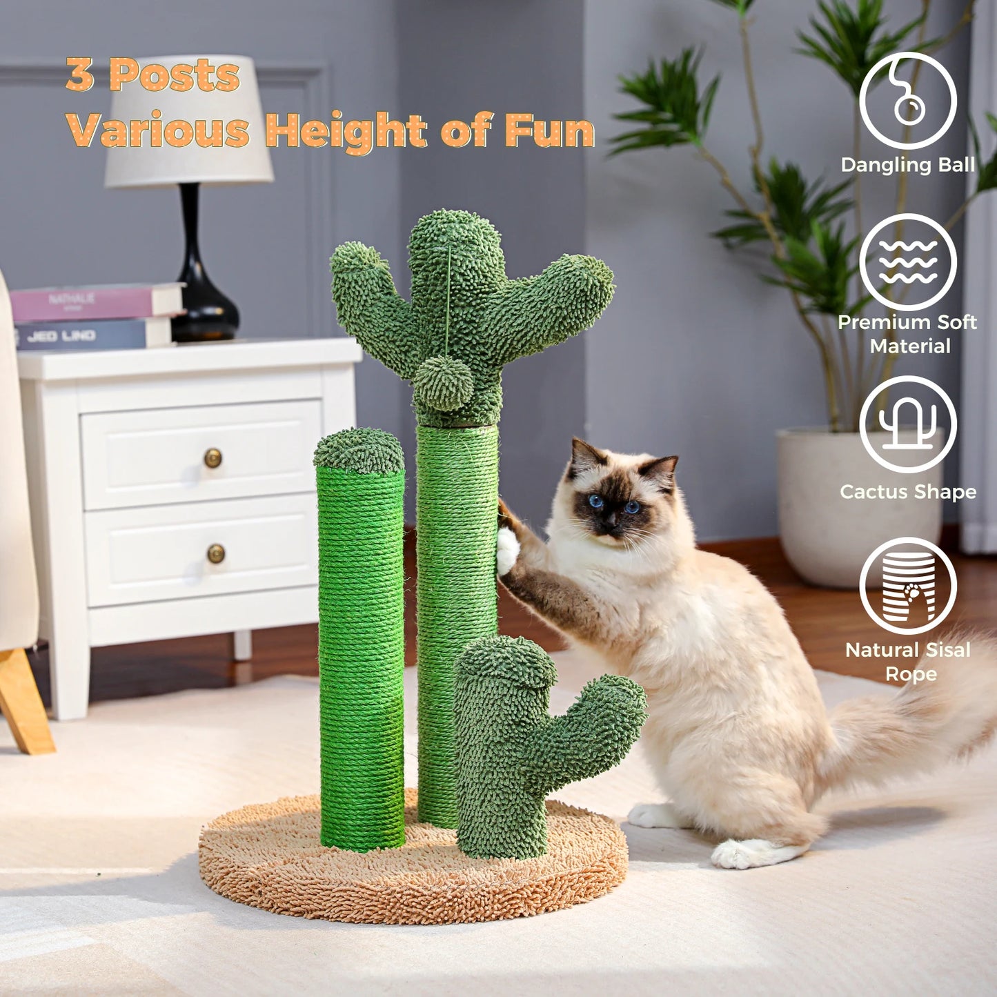 Cactus Cat Scratcher with 3 Scratching Poles and Interactive Dangling Ball