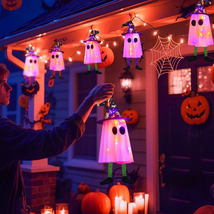 6P Lights Up Hanging Ghosts Halloween Decorations Outdoor Purple Orange Timer IP65 Waterproof Battery Operated Halloween Lights