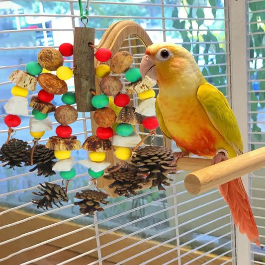 Bird Toys for Parrots – Multicolored Parrot Chewing Toy with Natural Wooden Blocks & Nuts, Hanging Bite Pendant for Parakeets, Cockatiels, Macaws, and Conures