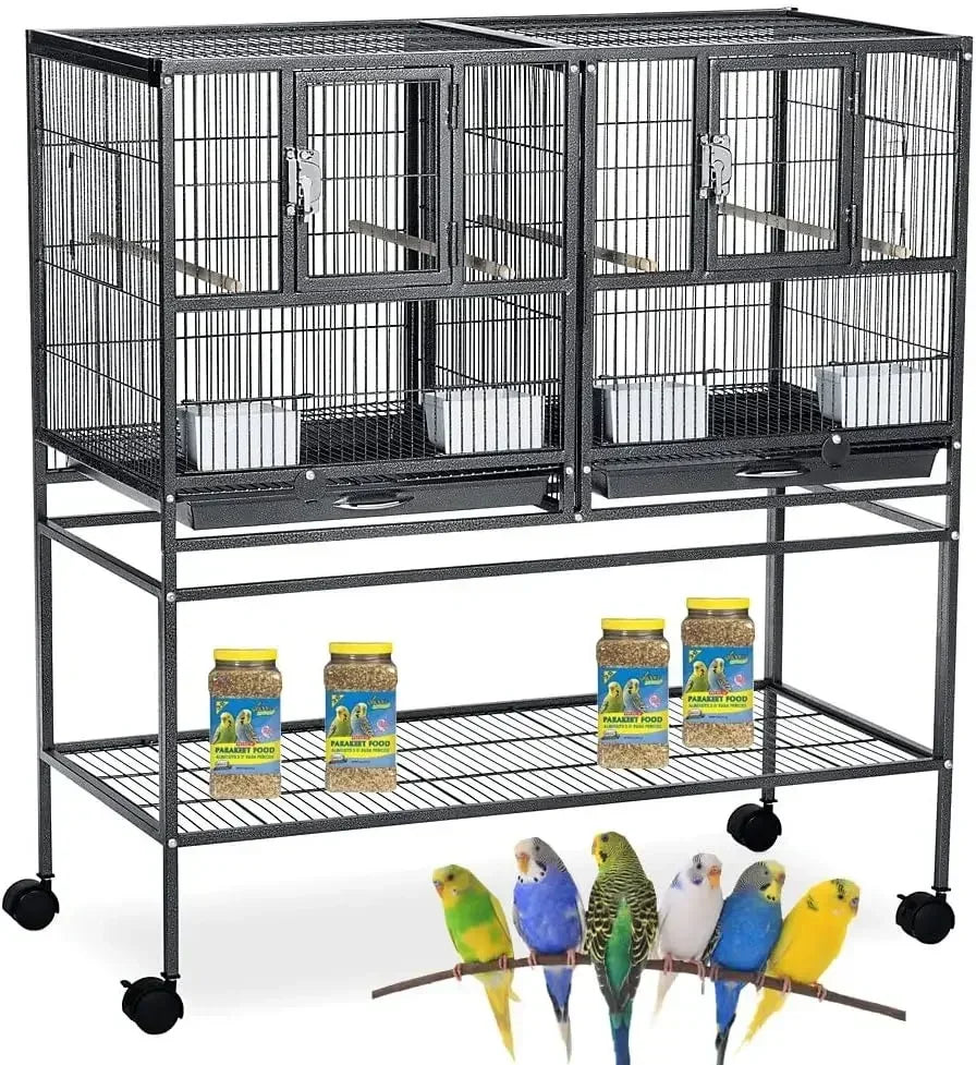 Combo Breeding Stacker Bird Cage – Double Flight Cage with Center Divider, Side Nest Doors & Rolling Stand (Black Vein Finish)