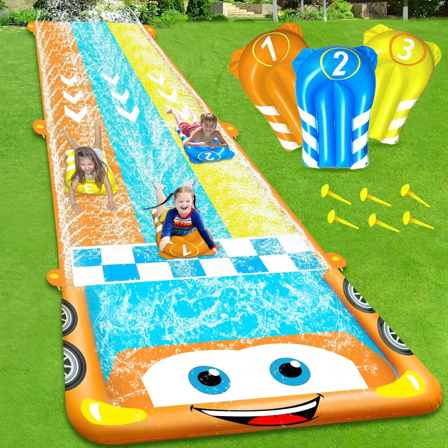 33.3FT Extra Long Double Lane Water Slide for Kids – Race Car Lawn Slip & Splash Slide with 2 Bodyboards and Safety Fence for Outdoor Summer Fun