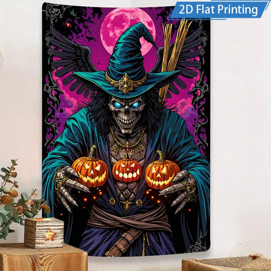 Halloween Wall Tapestry – Gothic Skull Witch with Pumpkins, Spooky Horror Décor for Home, Bedroom, or Party