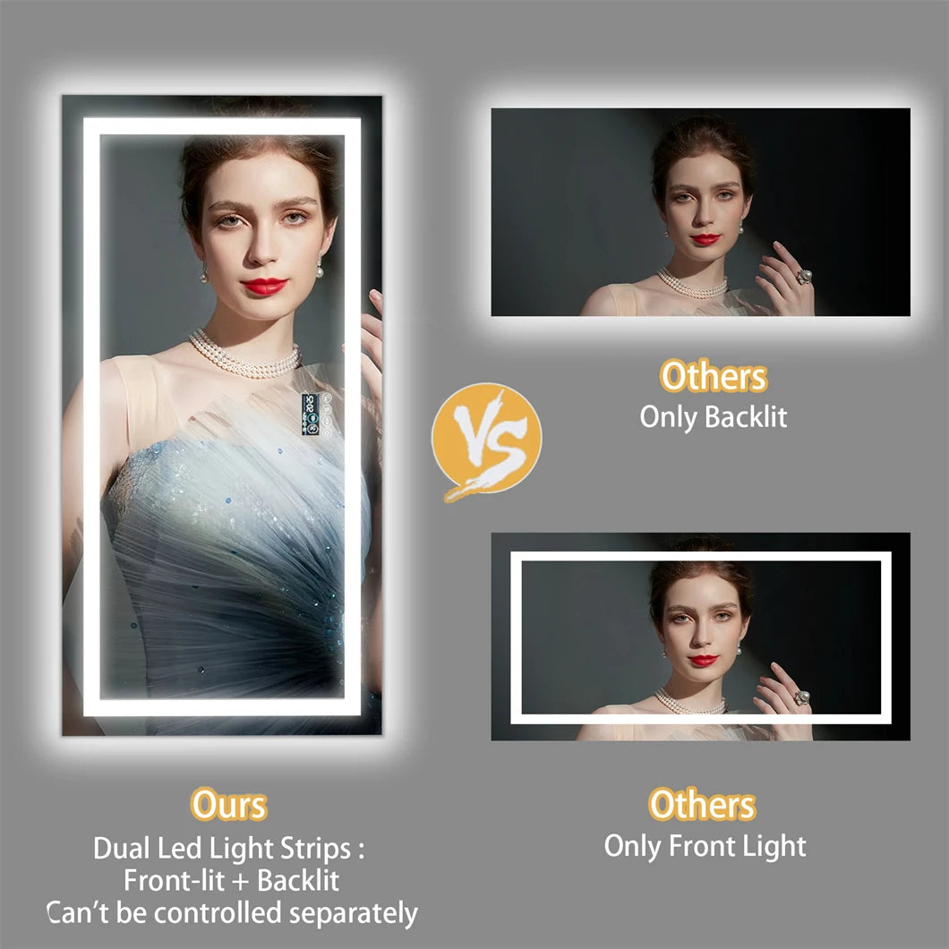 XXL Smart LED Bathroom Vanity Mirror – Wall Mounted with Bluetooth Speaker, Digital Display, Anti-Fog, Dual Front & Back Lighting for Home, Hotel, or Hallway