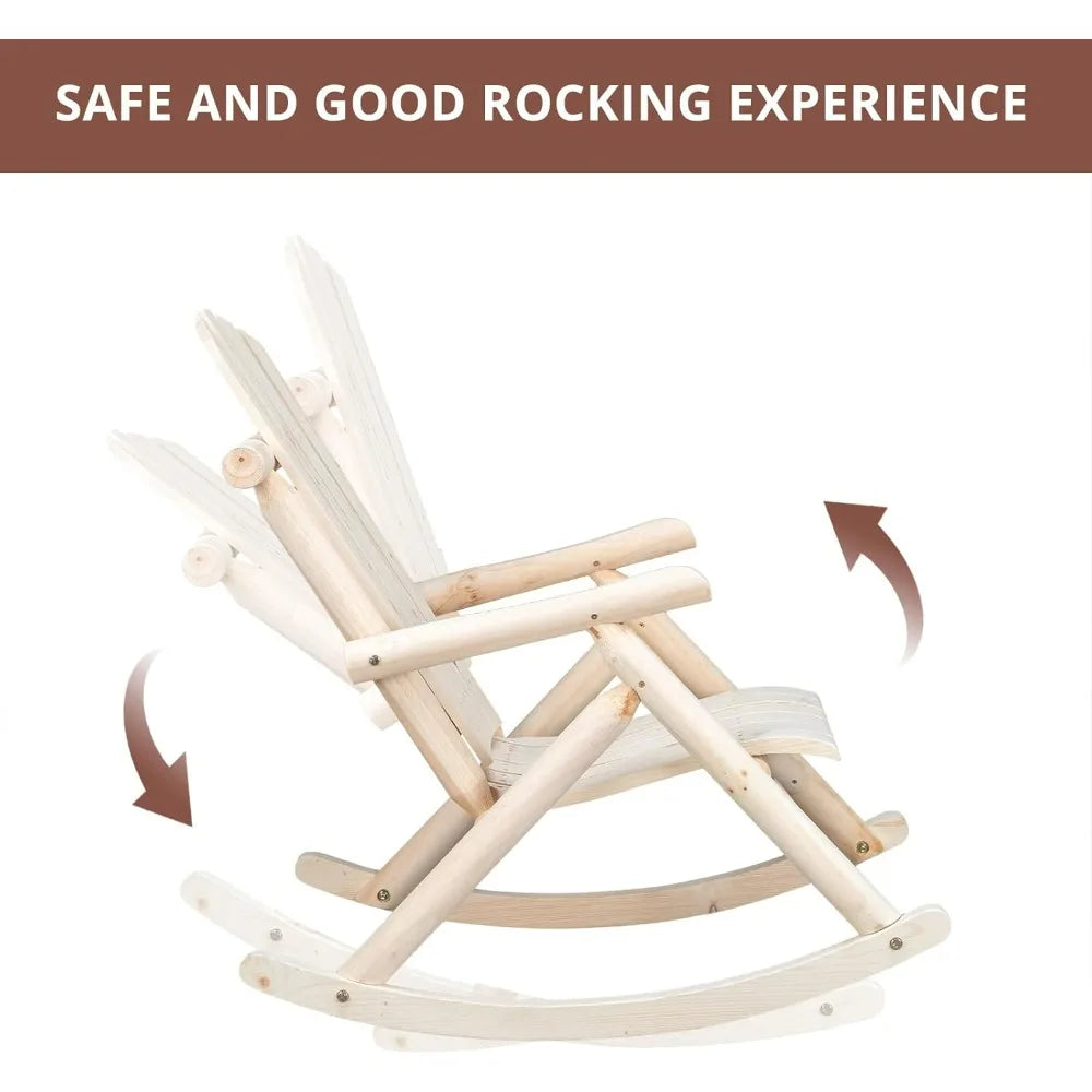 Wooden Rocking Chair Set of 2 – Fir Log Adirondack Rockers, Outdoor Wood Lounge Chairs for Garden, Patio & Backyard