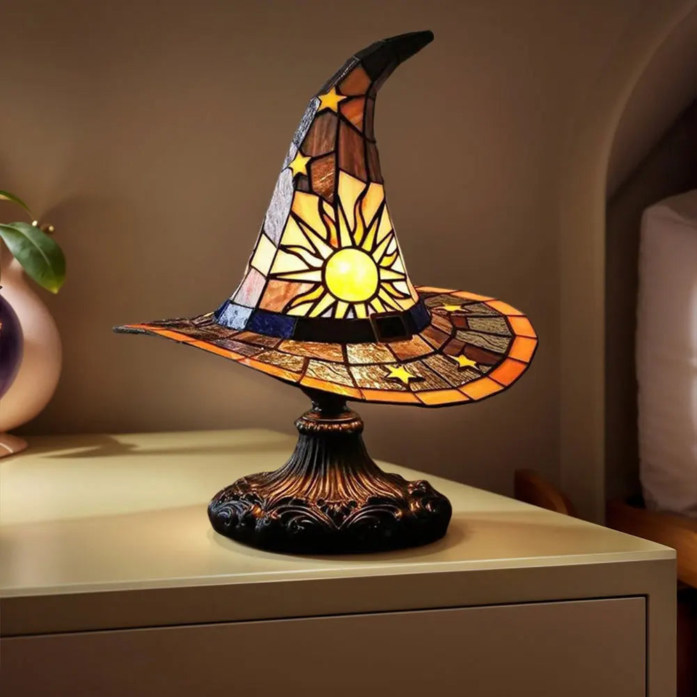 Stained Glass Witch Hat Lamp – LED Resin Witch Hat Light Ornament, USB Powered Home & Bedroom Decoration